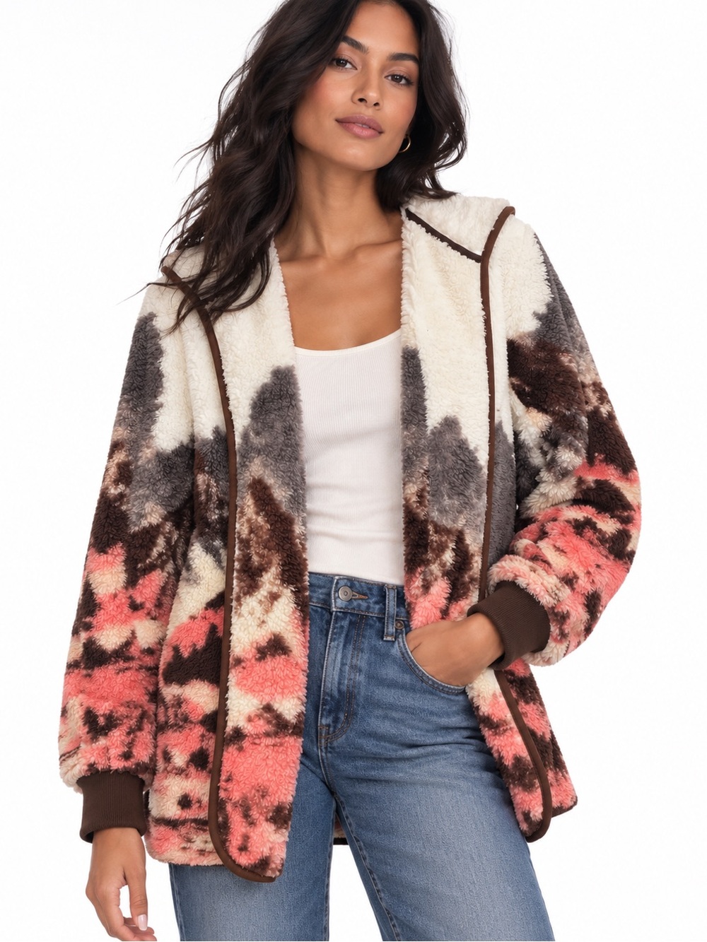 Faux-Sherpa Hooded Jacket in Cream, Brown & Coral